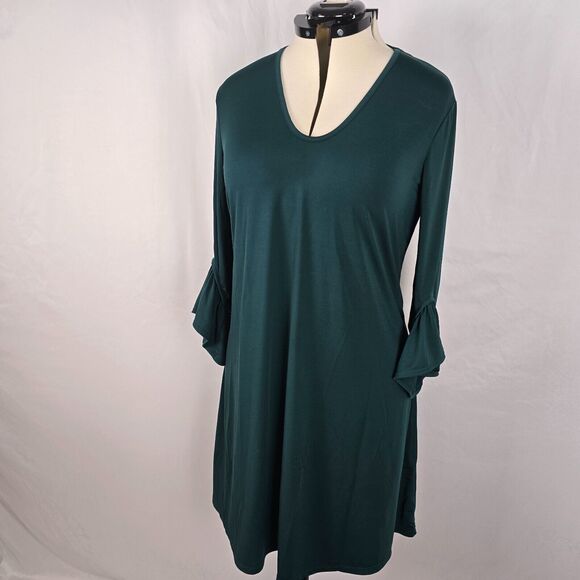 Lark & Ro Dress Women's L Green Long Bell Sleeve Ruffles Fit & Flare - Picture 16 of 16